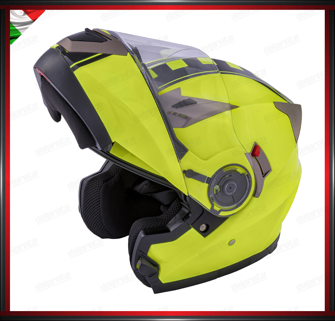 CASCO MODULARE DOPPIA VISIERA APRIBILE FLUO CON GRAFICA OMOLOGATO ECE2205