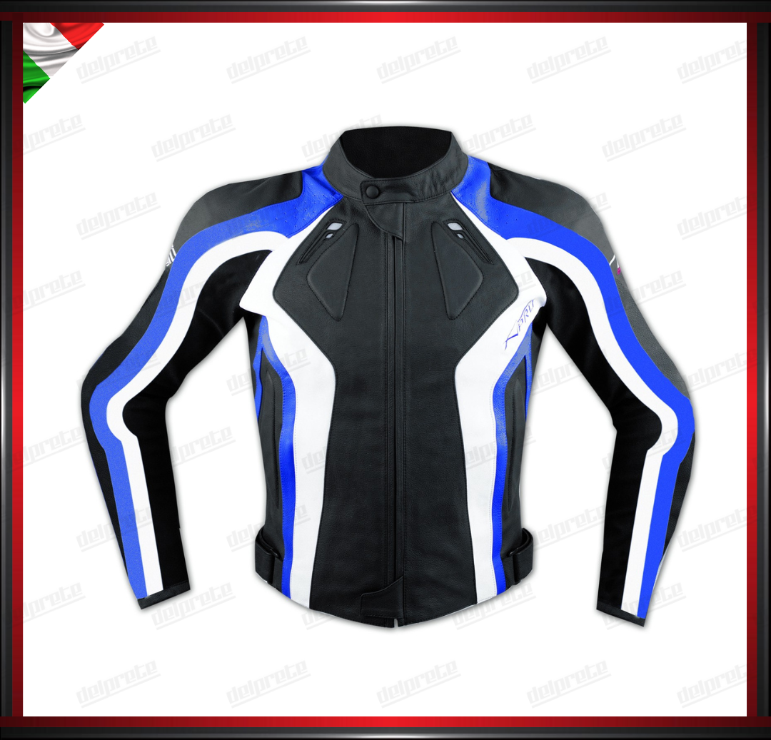 GIACCA IN PELLE SPORT RACING CON PROTEZIONI OMOLATE CE BLU E NERO