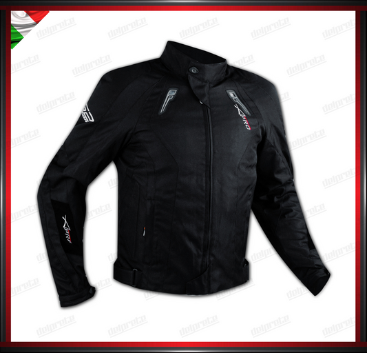 GIACCA MOTO NERO IN CORDURA ESTIVO CON PRESE D'ARIA TRASPIRANTE PROTEZIONI OMOLOGATE CE