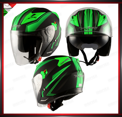 CASCO JET MOTO SCOOTER DOPPIA VISIERA NERO E VERDE OPACO OMOLOGATO ECE 22-05