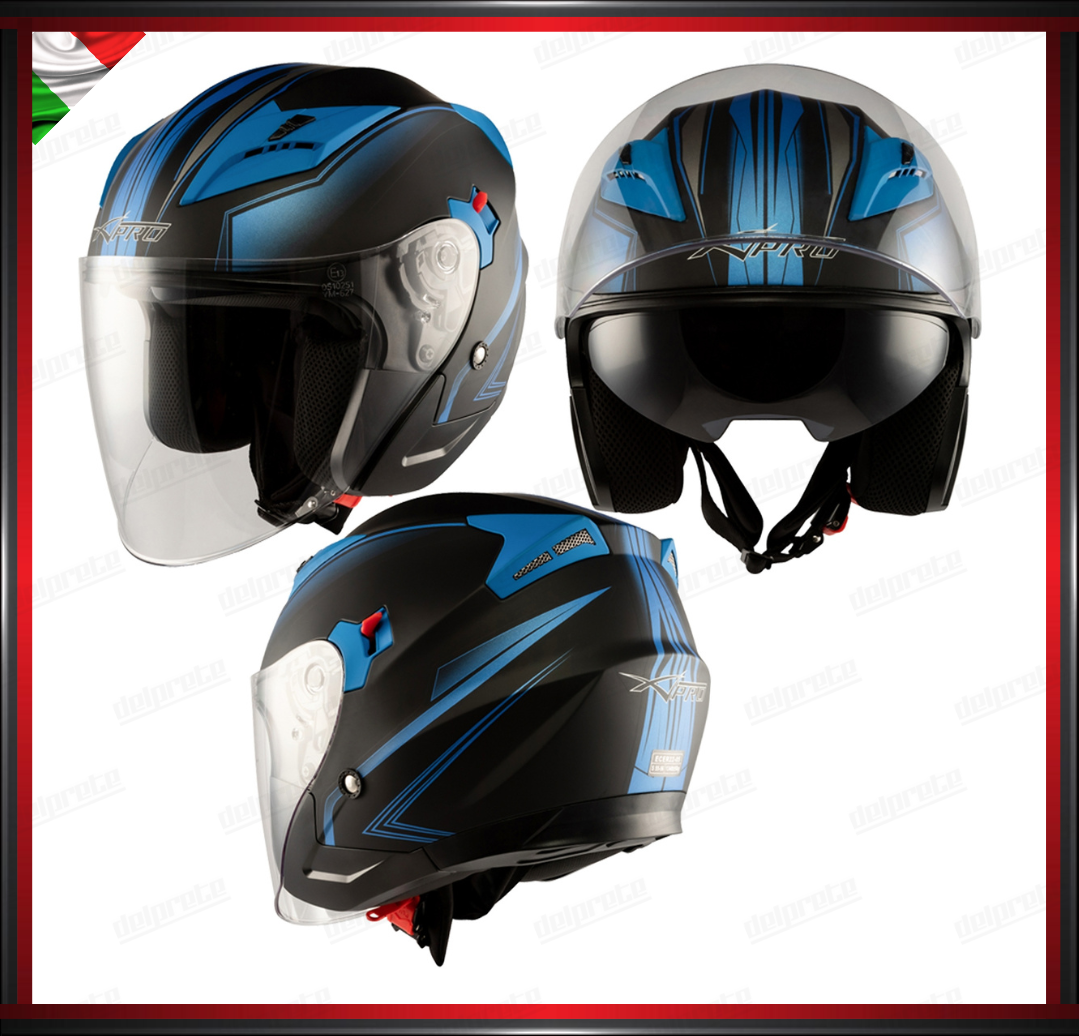 CASCO JET MOTO SCOOTER DOPPIA VISIERA NERO E BLU OPACO OMOLOGATO ECE 22-05