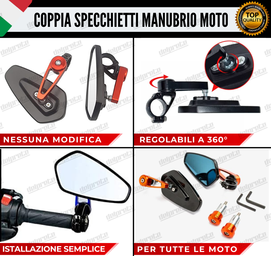 COPPIA SPECCHIETTI BAR END MANUBRIO MOTO SPORT ARGENTO BAR END NERO CAFE  RACER