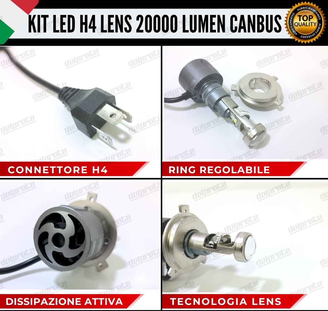 KIT LED H4 BI LED LENS LENTICOLARE 6000K BIANCO CANBUS 20000 LUMEN REALI CANBUS