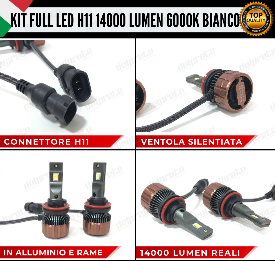 KIT LED FULL H11 6000K BIANCO 14000 LUMEN REALI CANBUS LED 100% NO ERRORE ALLUMINIO AVIAZIONE