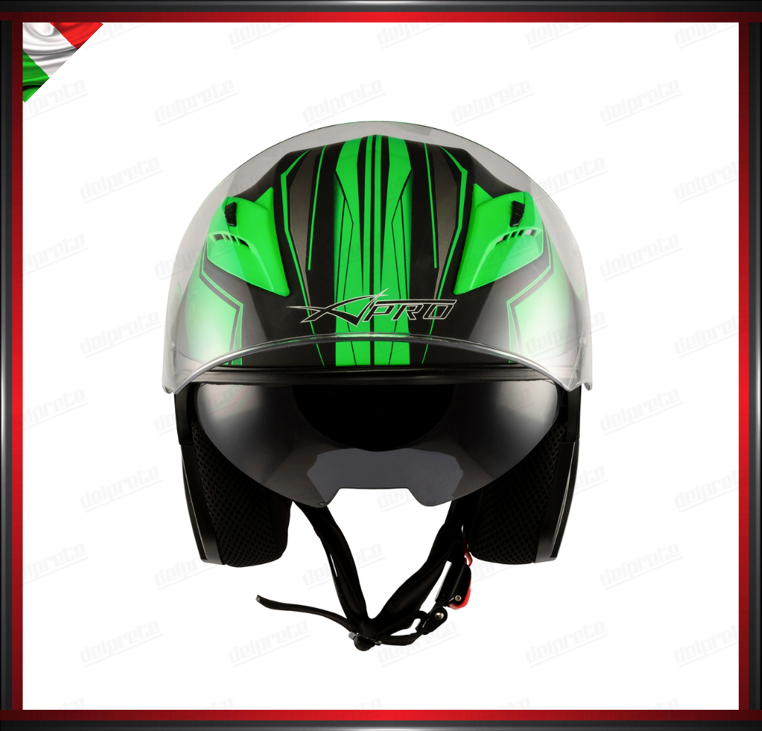 CASCO JET MOTO SCOOTER DOPPIA VISIERA NERO E VERDE OPACO OMOLOGATO ECE 22-05