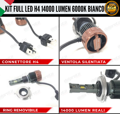 KIT LED FULL H4 6000K BIANCO14000 LUMEN REALI CANBUS LED 100% NO ERRORE ALLUMINIO AVIAZIONE