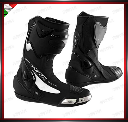 STIVALE MOTO TECNICO DA PISTA NERO IN PELLE CON ZIP LATERALE PROTEZIONE TIBIA TALLONE CAVIGLIA