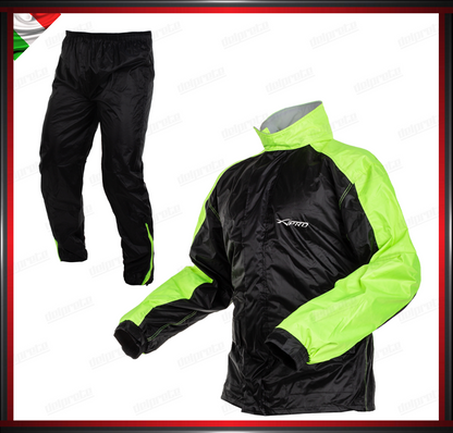 TUTA ANTIPIOGGIA MOTO DIVISIBILE TESSUTO CERATO FLUO ANTIACQUA 100% IMPERMEABILE ANTIVENTO