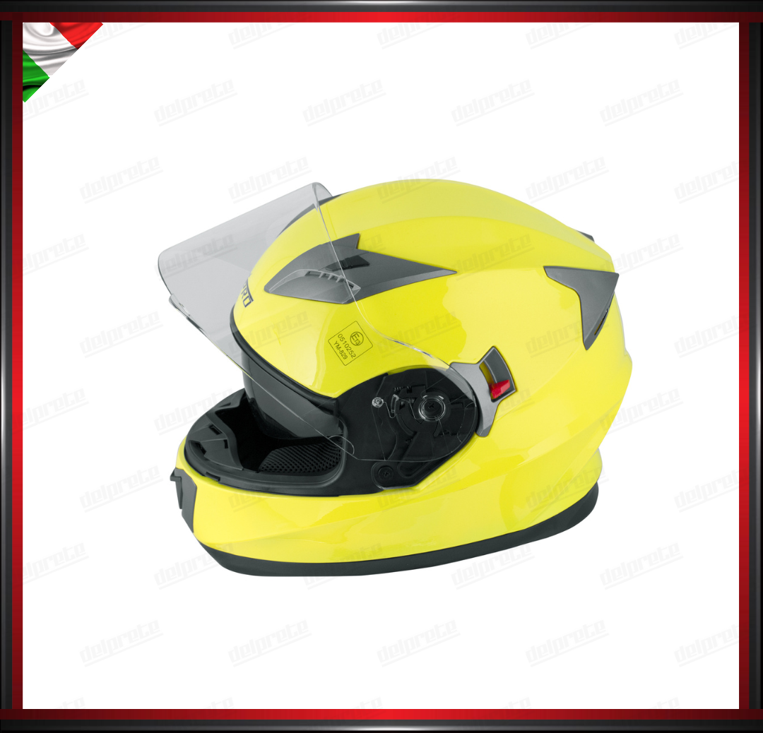 CASCO INTEGRALE GIALLO FLUO CON VISIERA INTERNA PARASOLE OMOLOGATO ECE 22-05