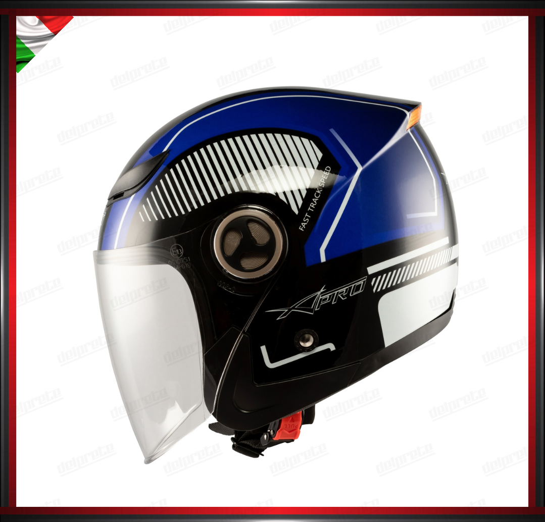 CASCO JET CITY MOTO SCOOTER CON VISIERA BLU GRAFICA OMOLOGATO ECE 22-05