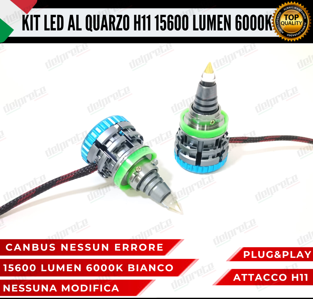 KIT LED H11 AL QUARZO MONO LED 360° PER FARI LENTICOLARI 15600 LUMEN 6000K CANBUS