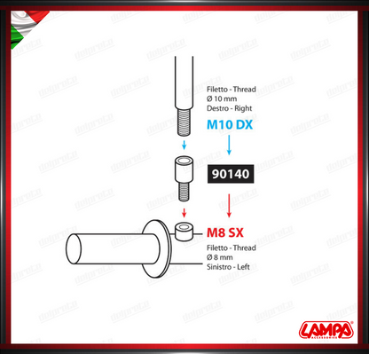 ADATTATORE PER SPECCHIETTO NERO RETROVISORE FILETTO Ø 10 MM DX > Ø 8 MM SX