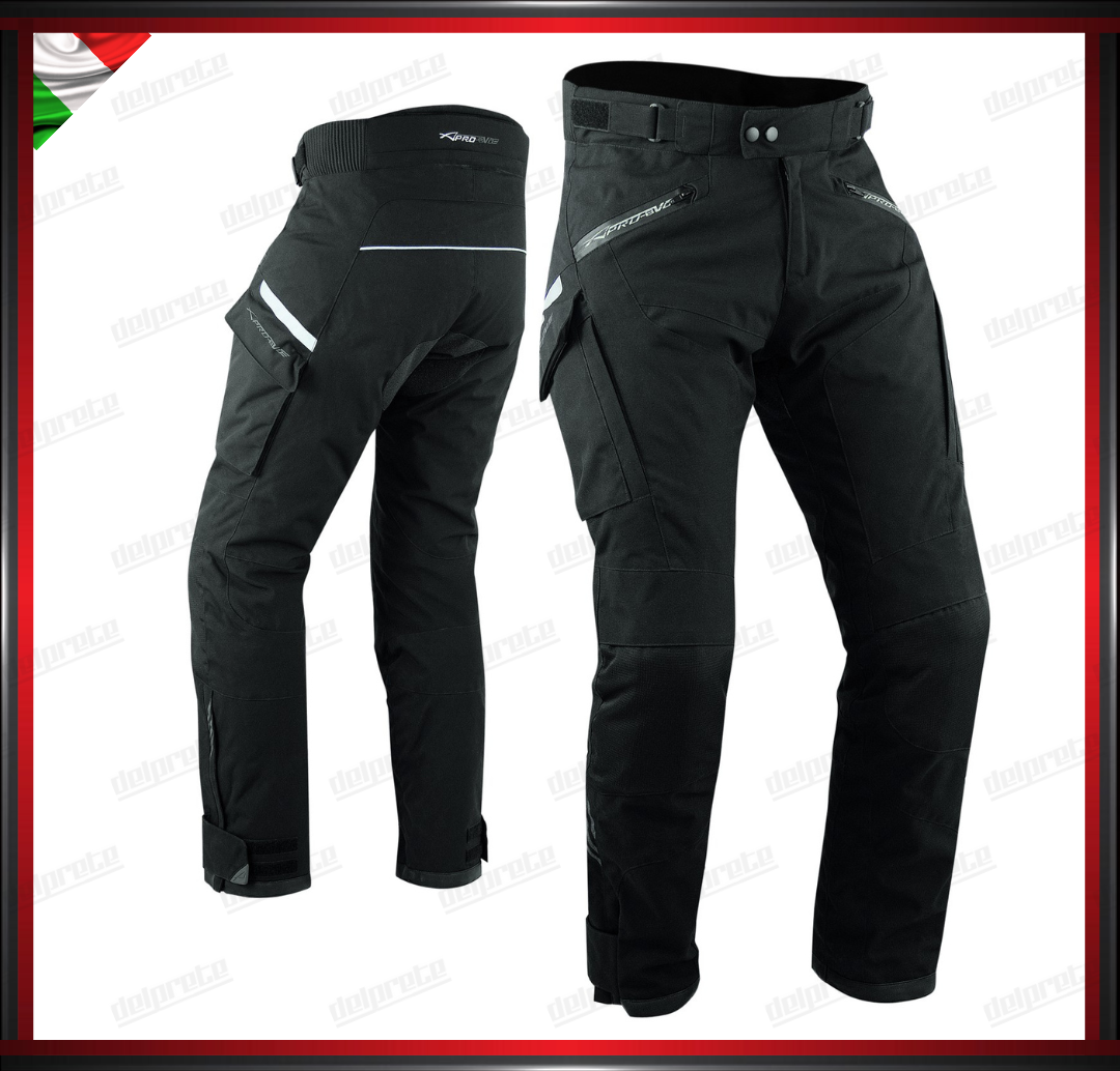 PANTALONI MOTO NERO IN TESSUTO ULTRA RESISTENTE NYLON TECNICO 3 STRATI IMPERMEABILE TERMICO