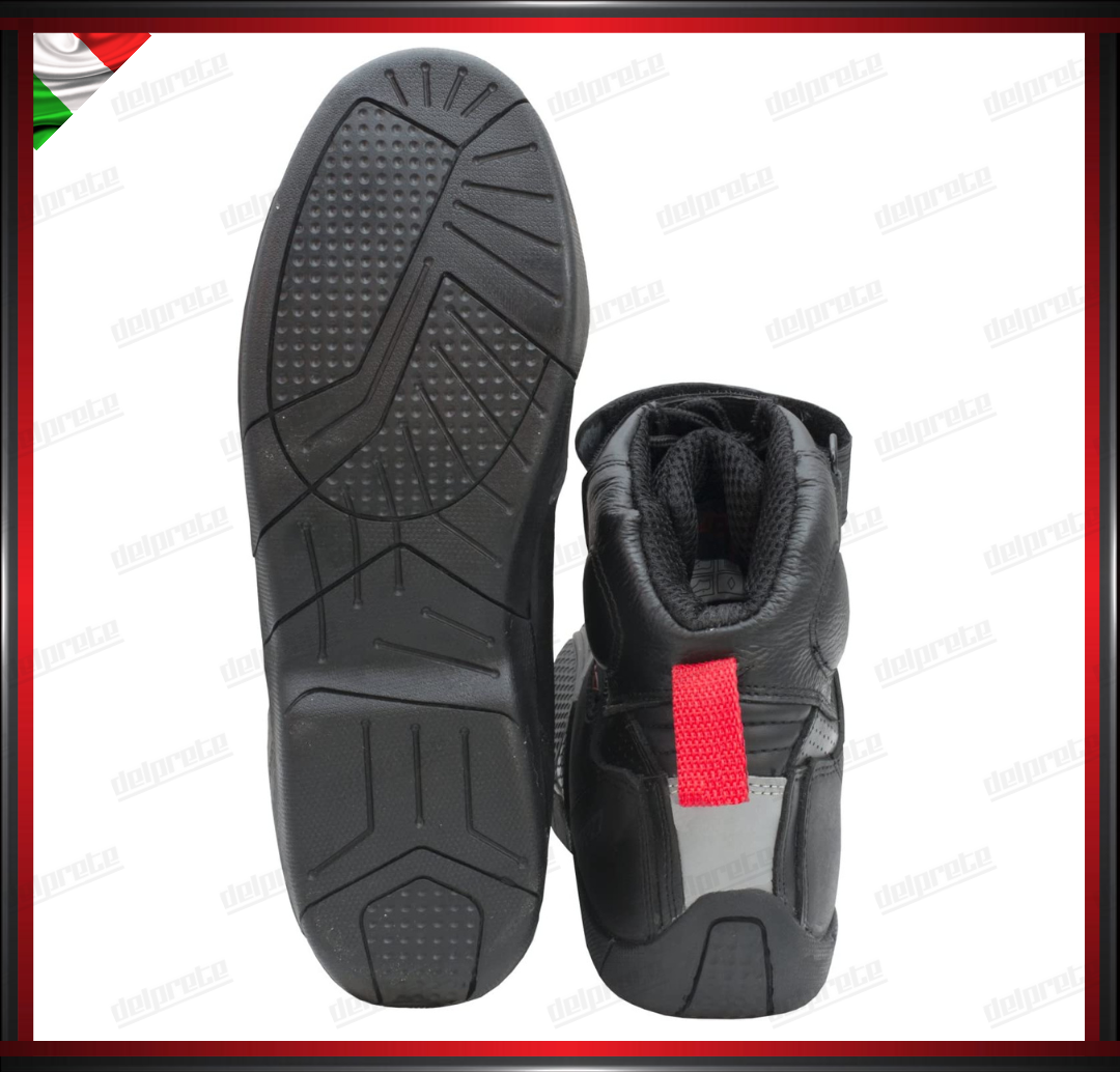 STIVALETTI SCARPE MOTO IN PELLE NERO PROTEZIONE TIBIA E TALLONE PUNTA RINFORZATA