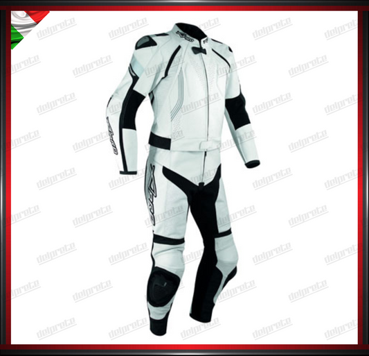 TUTA IN PELLE MOTO DIVISIBILE 2 PEZZI IN PELLE RACING CON PROTEZIONI CE BIANCO