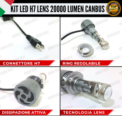 KIT LED H7 BI LED LENS LENTICOLARE 6000K BIANCO CANBUS 20000 LUMEN REALI CANBUS