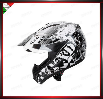 CASCO MOTO ENDURO CROSS NERO E BIANCO TRIAL ADVENTURE OFF ROAD OMOLOGATO ECE 22-05