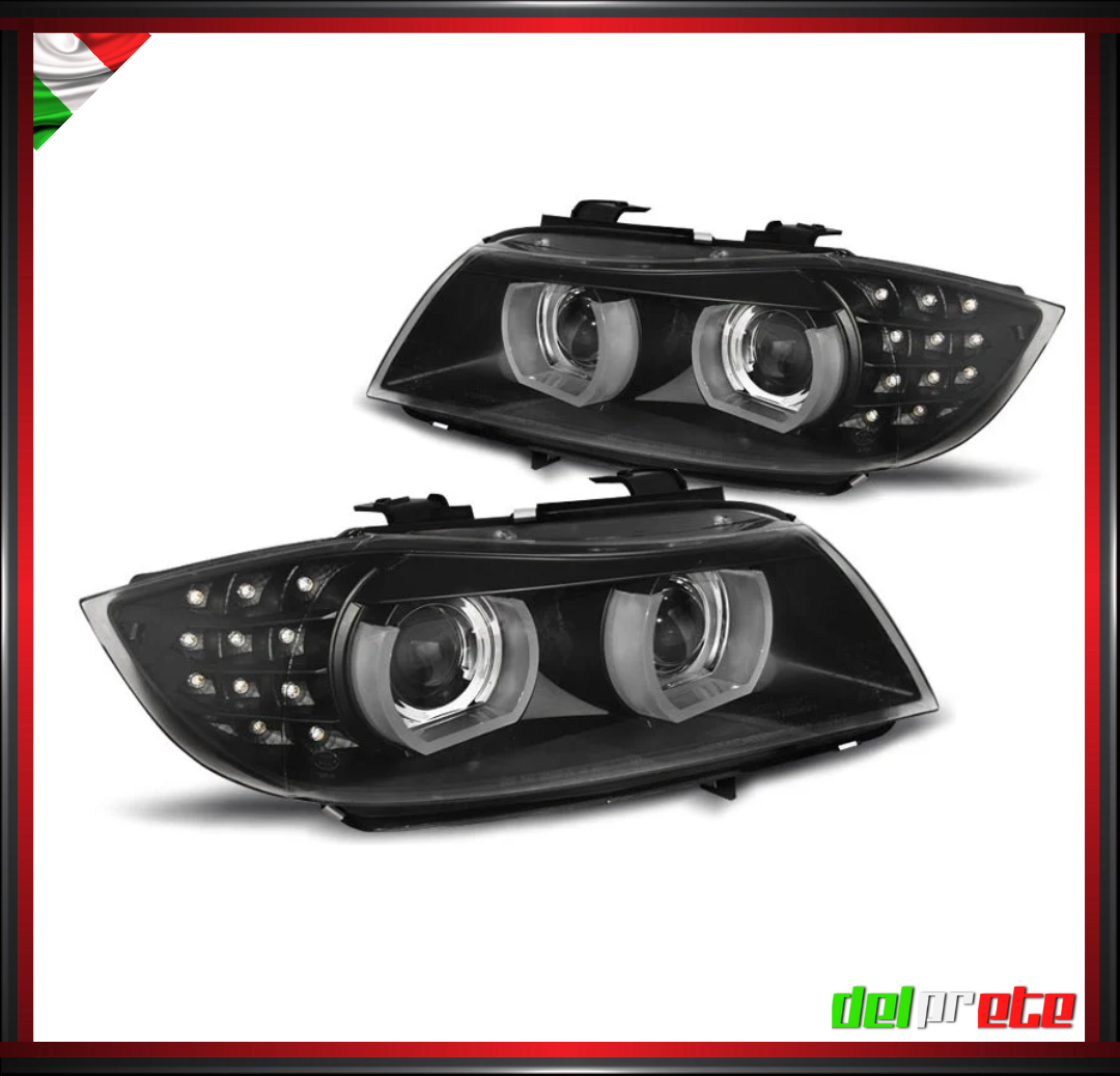 SET FARI TUNING NERO FANALI ANTERIORI XENON LED BMW SERIE 3 E90 E91 (04-11) SENZA AFS