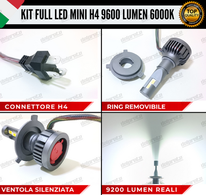 KIT FULL LED H4 6000K 9600 LUMEN 55W REALI BIANCO 100% NO ERROR ANABB+ABB