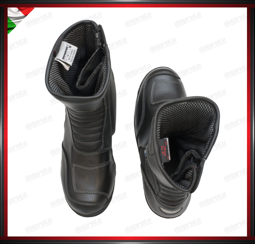 STIVALETTO ALTO MOTO IN PELLE NERO IMPERMEABILE PROTEZIONE TIBIA TALLONE CAVIGLIA