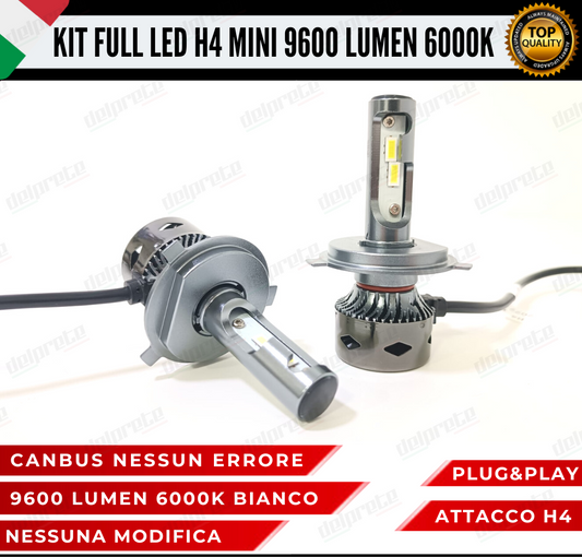 KIT LED H4 MINI FULL LED 6000K XENON CANBUS 9600 LUMEN REALI NO ERROR AUTO MOTO