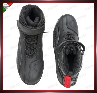 STIVALETTI SCARPE MOTO IN PELLE NERO PROTEZIONE TIBIA E TALLONE PUNTA RINFORZATA