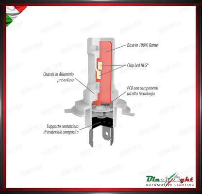 KIT LED H4 H19 2 LAMPADE SIRIUS 12V 6000K 7200 LUMEN - BLACKLIGHT SERIE OELED XL H419 HLG