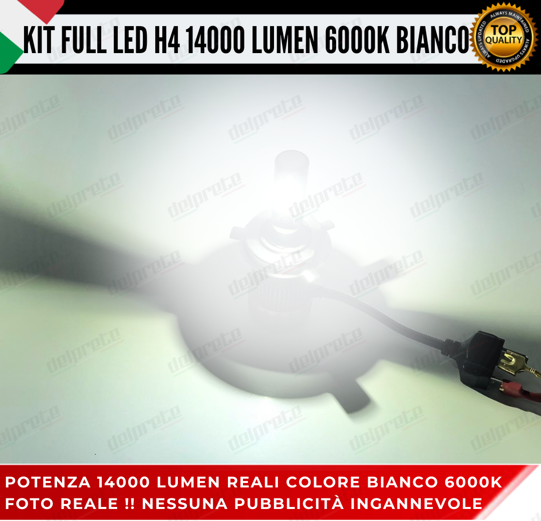 KIT LED FULL H4 6000K BIANCO 14000 LUMEN REALI CANBUS LED 100% NO ERRORE ALLUMINIO AVIAZIONE