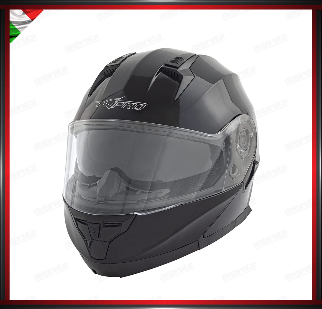 CASCO MODULARE NERO LUCIDO APRIBILE MOTO CON VISIERA PARASOLE OMOLOGATO ECE 22-05