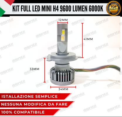 KIT FULL LED H4 6000K 9600 LUMEN 55W REALI BIANCO 100% NO ERROR ANABB+ABB