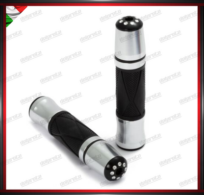 COPPIA MANOPOLE MOTO SCOOTER ANODIZZATE ALLUMINIO GOMMA ARGENTO UNIVERSALI