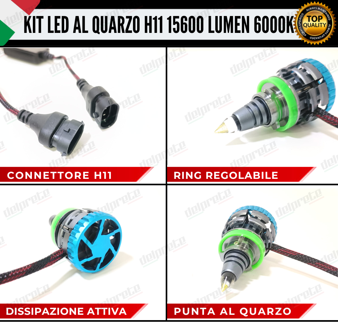 KIT LED H11 AL QUARZO MONO LED 360° PER FARI LENTICOLARI 15600 LUMEN 6000K CANBUS