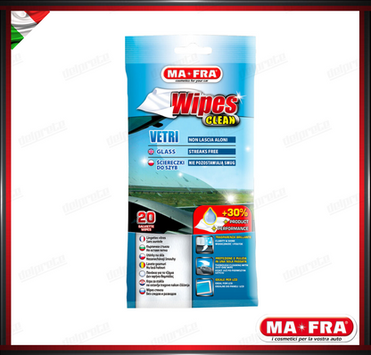 MAFRA - 20PZ WIPES CLEAN SALVIETTE PER VETRI AUTO PANNI MONOUSO PER VETRI SCHERMI