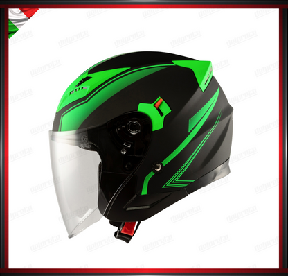 CASCO JET MOTO SCOOTER DOPPIA VISIERA NERO E VERDE OPACO OMOLOGATO ECE 22-05