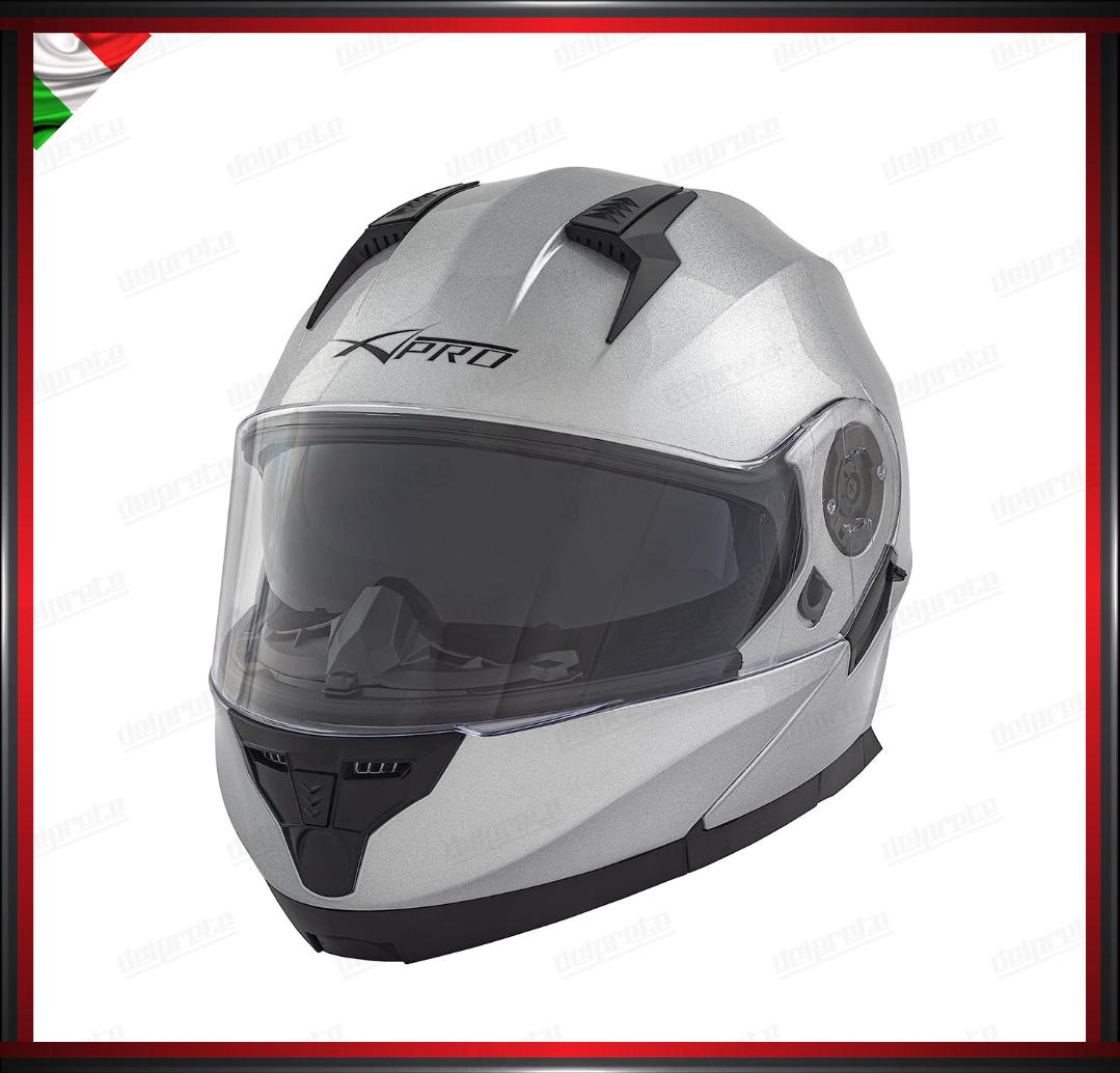 CASCO MODULARE GRIGIO ARGENTO APRIBILE MOTO CON VISIERA PARASOLE OMOLOGATO ECE 22-05