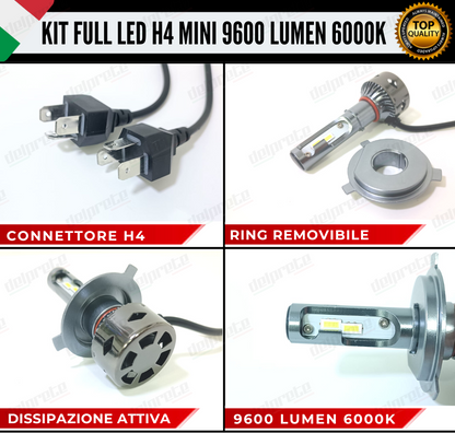 KIT LED H4 MINI FULL LED 6000K XENON CANBUS 9600 LUMEN REALI NO ERROR AUTO MOTO