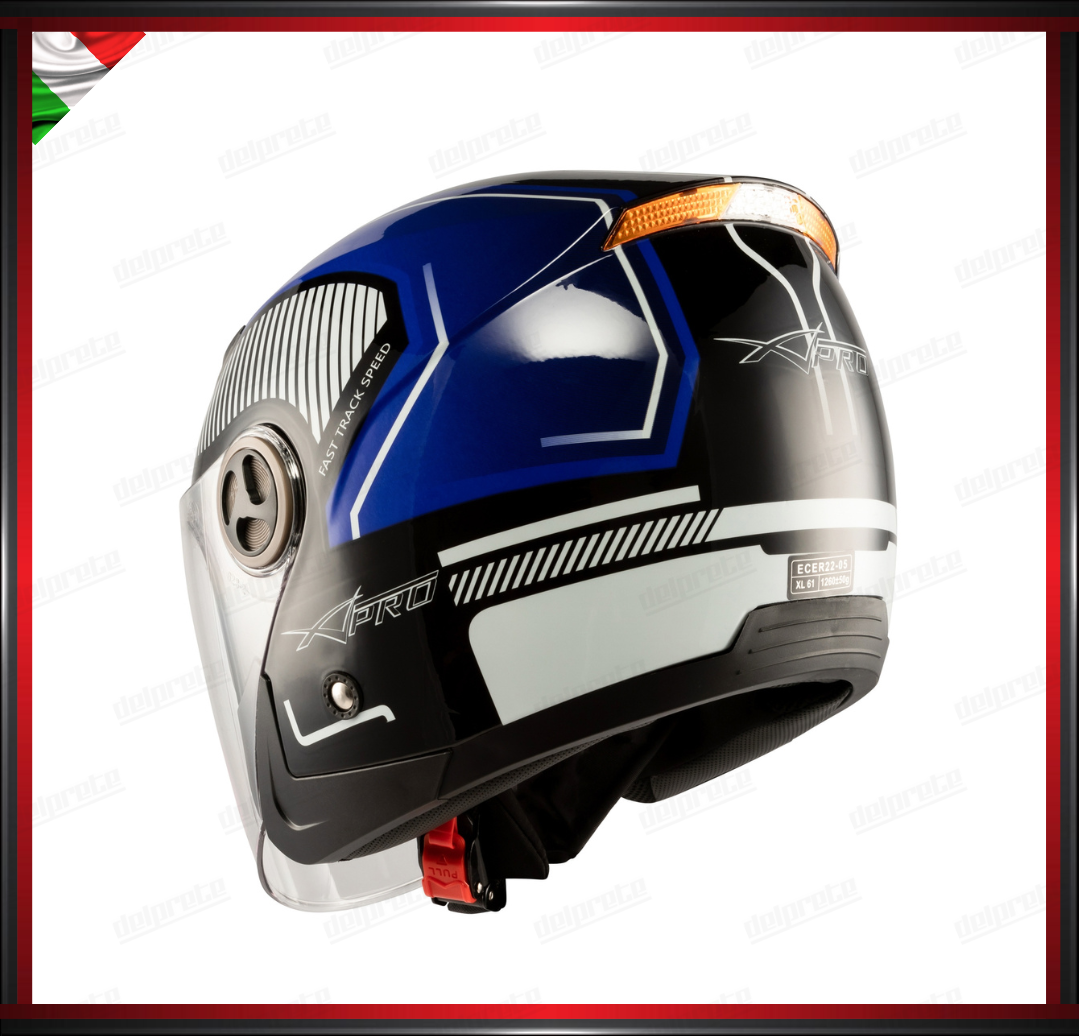 CASCO JET CITY MOTO SCOOTER CON VISIERA BLU GRAFICA OMOLOGATO ECE 22-05