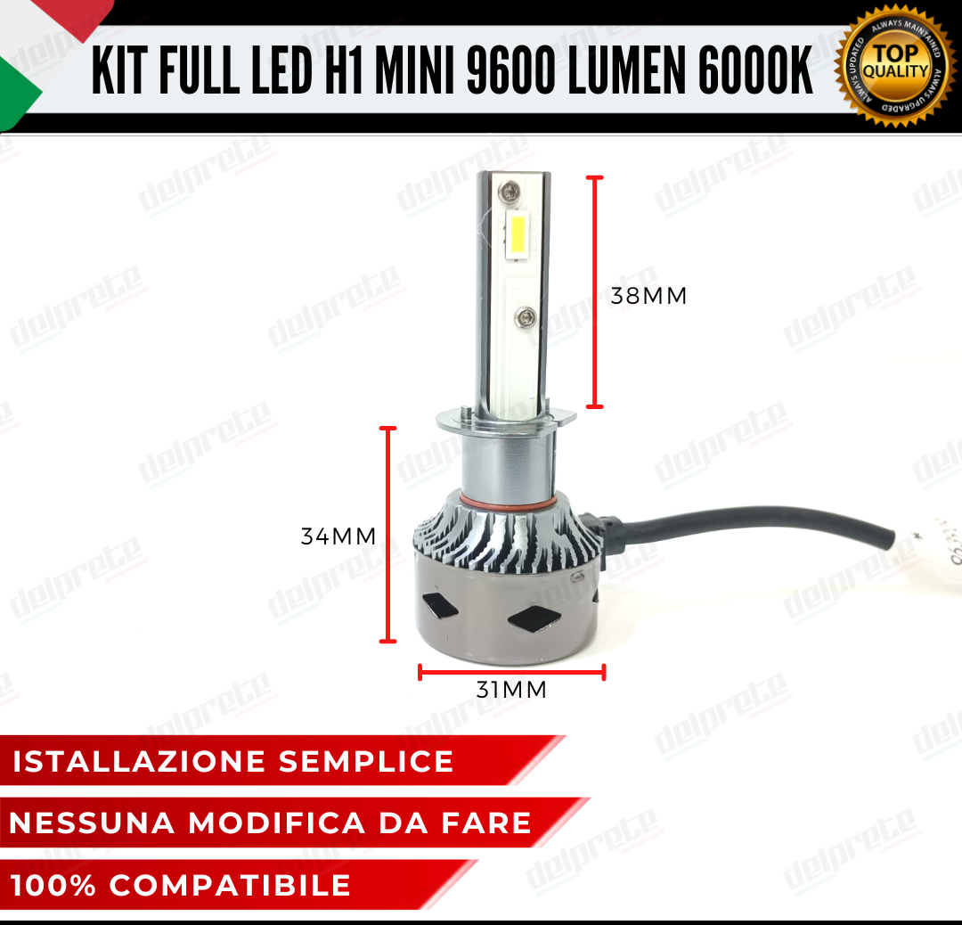 KIT LED H1 MINI FULL LED 6000K XENON CANBUS 9600 LUMEN REALI NO ERROR AUTO MOTO