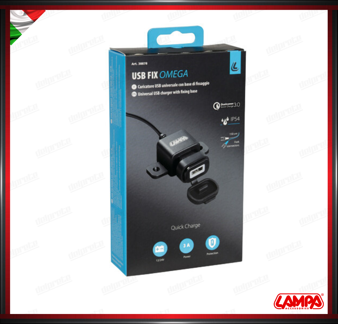 USB FIX OMEGA LAMPA CARICATORE USB MOTO FISSAGGIO CON VITI  - 3000 MA 12/24V