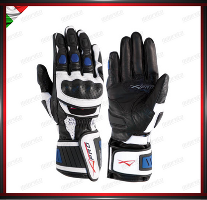 GUANTI MOTO IN PELLE DA PISTA TECNICO PROFESSIONALE RACING BIANCO E BLU