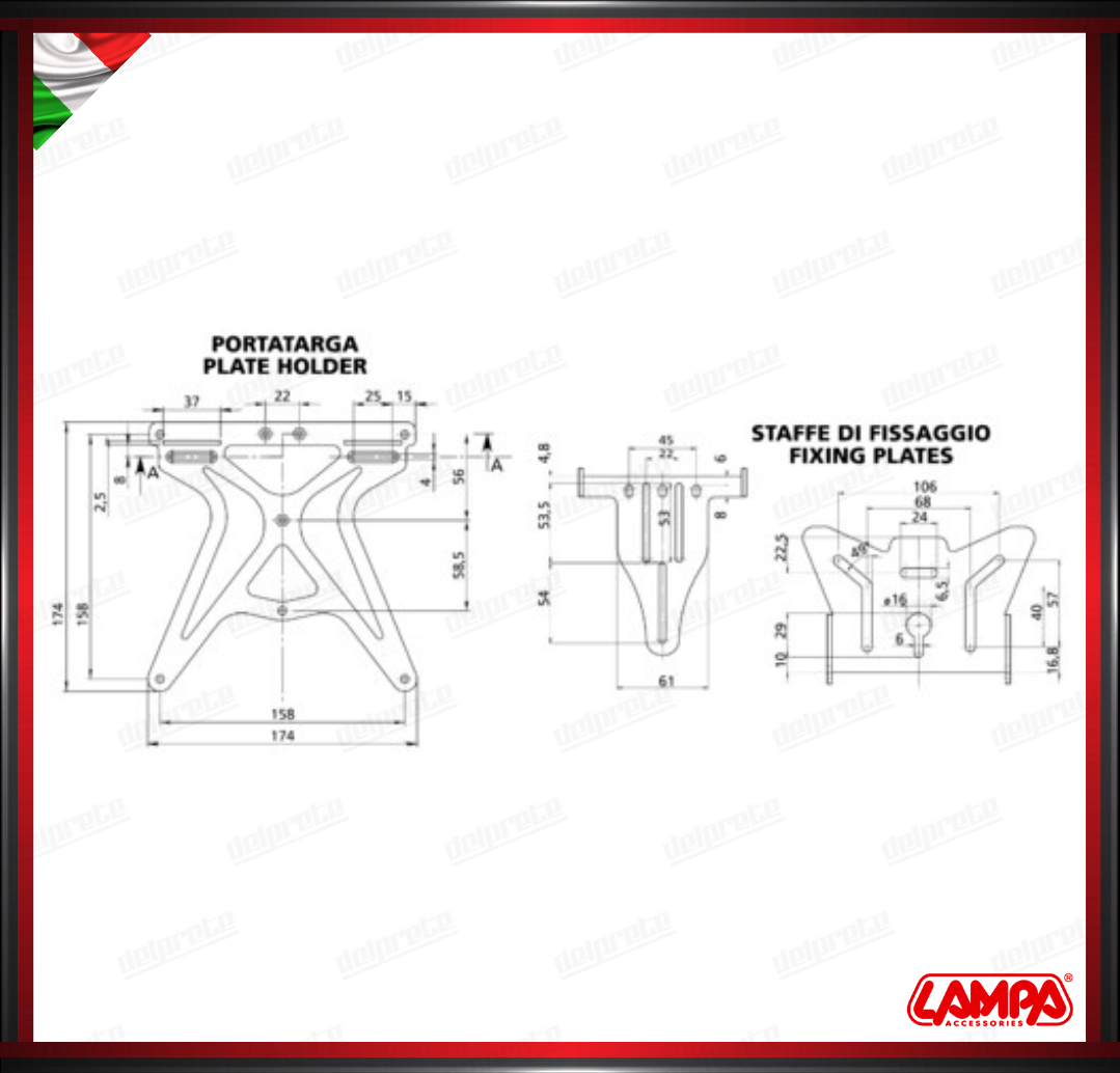 AERO-X PORTATARGA MOTO SOTTOPIANALE PIATTO UNIVERSALE REGOLABILE ALLUMINIO LAMPA