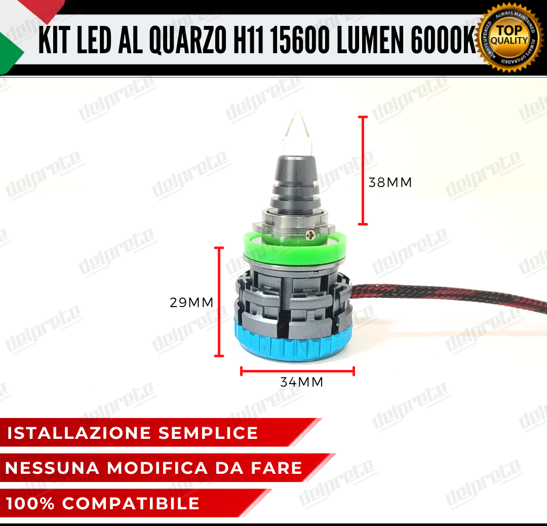 KIT LED H11 AL QUARZO MONO LED 360° PER FARI LENTICOLARI 15600 LUMEN 6000K CANBUS