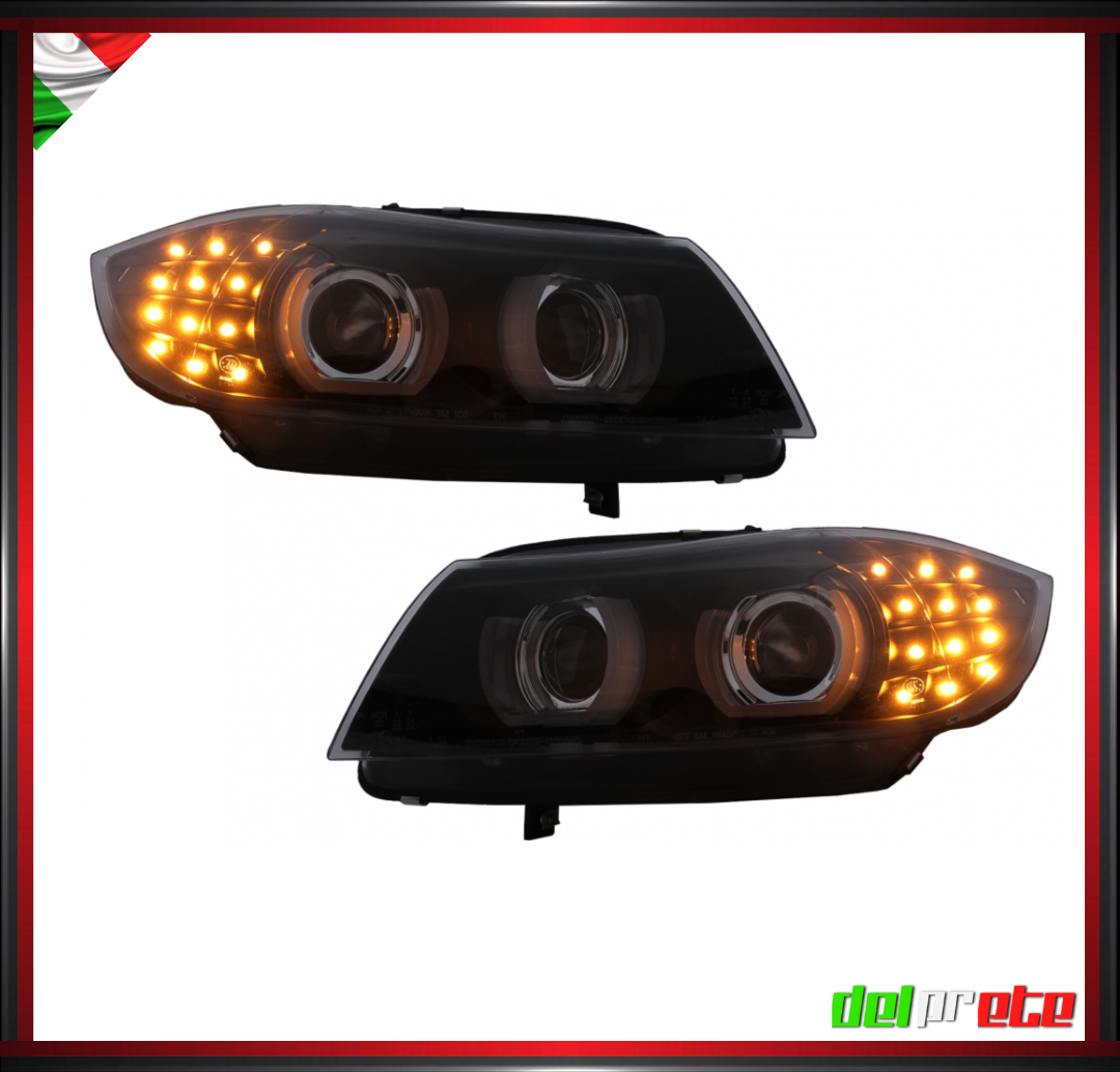 SET FARI TUNING NERO FANALI ANTERIORI XENON LED BMW SERIE 3 E90 E91 (04-11) SENZA AFS
