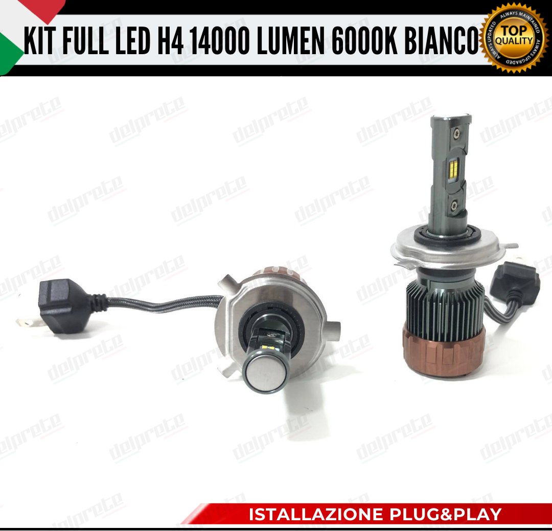 KIT LED FULL H4 6000K BIANCO 14000 LUMEN REALI CANBUS LED 100% NO ERRORE ALLUMINIO AVIAZIONE