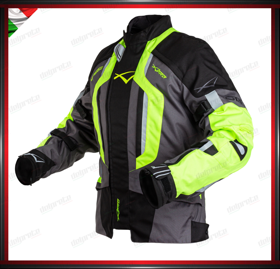 GIACCA MOTO FLUO IN TESSUTO CORDURA IMPERMEABILE TERMICA REMOVIBILE PROTEZIONI OMOLOGATE CE