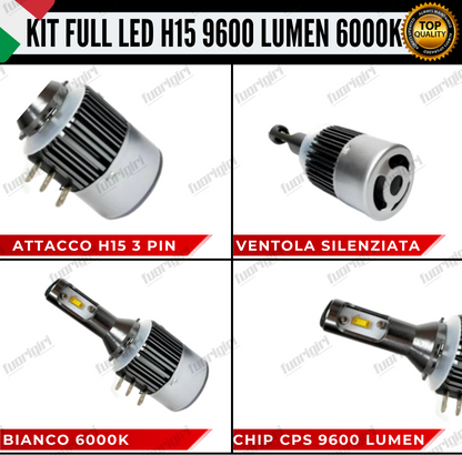 KIT LED H15 MINI FULL LED 6000K XENON CANBUS 9600 LUMEN REALI NO ERROR AUTO MOTO