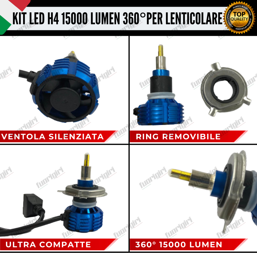 KIT FULL LED H4 360° GRADI 15000L CANBUS SPECIFICO PER FARI LENTICOLARI BIANCO