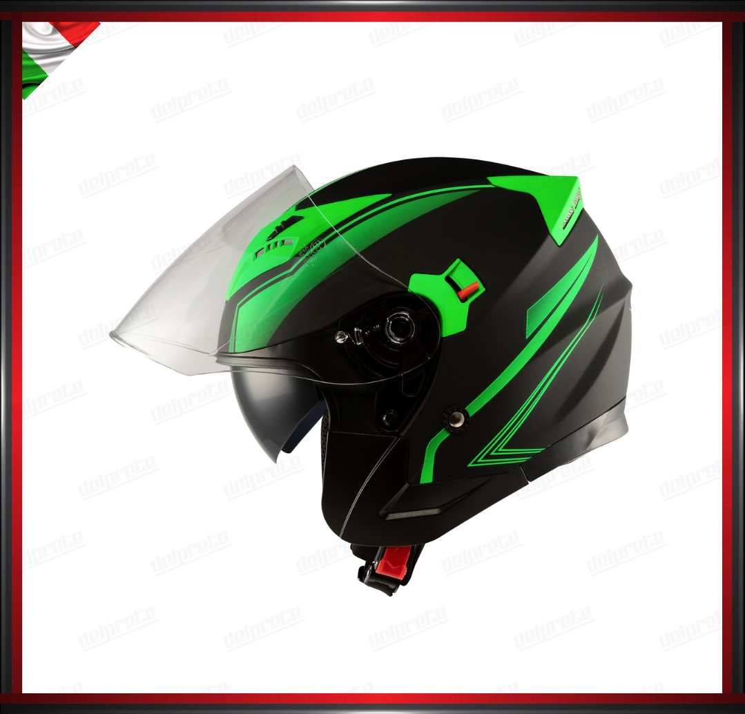 CASCO JET MOTO SCOOTER DOPPIA VISIERA NERO E VERDE OPACO OMOLOGATO ECE 22-05