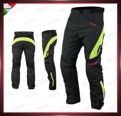 PANTALONI MOTO FLUO IN TESSUTO CORDURA IMPERMEABILI TERMICA ESTRAIBILE PROTEZIONI OMOLOGATE CE