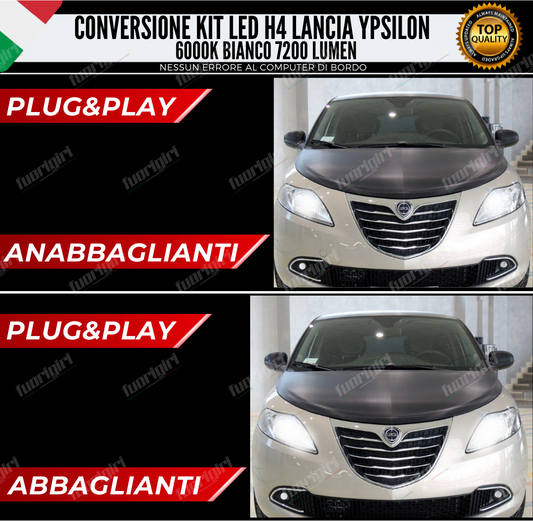 KIT FULL LED H4 6000K BIANCO LANCIA YPSILON 7200 LUMEN 6000K CANBUS NO ERROR